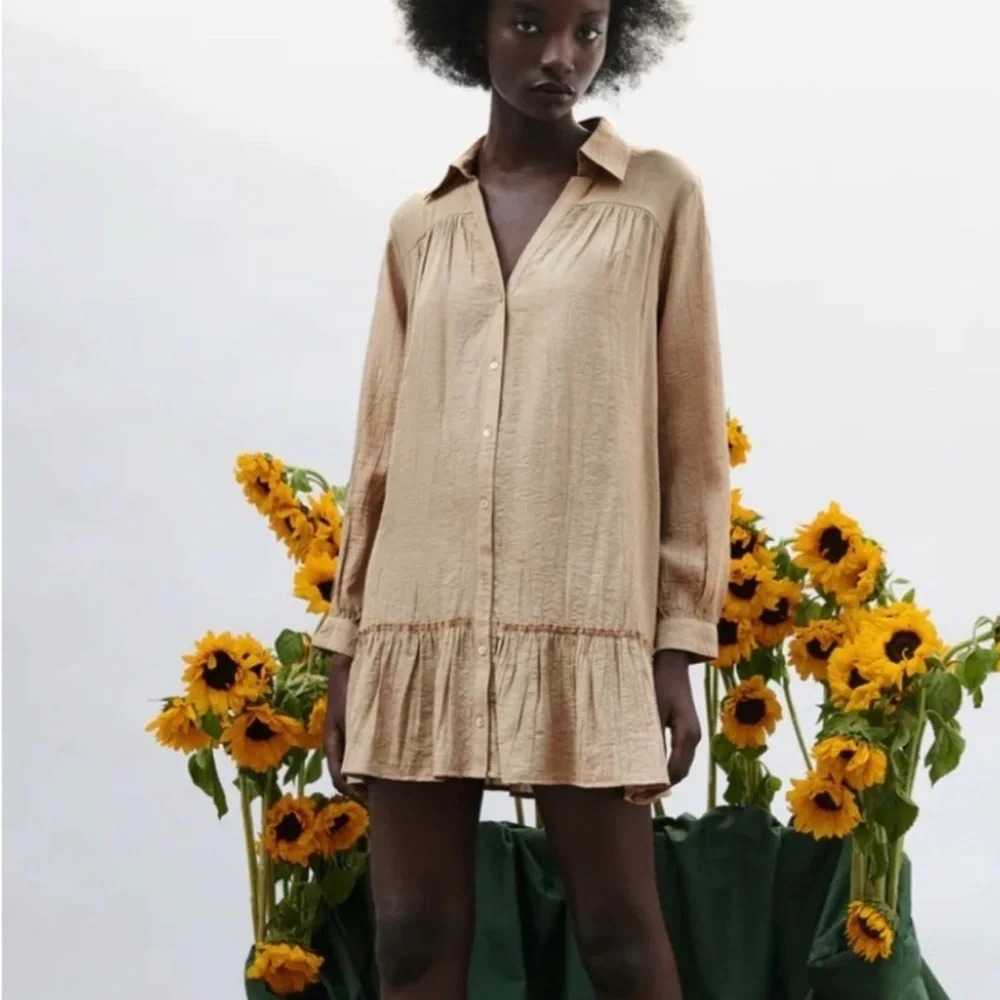 ZARA Oversized Ruffled Shirt Dress Tan XS |‎ EUC